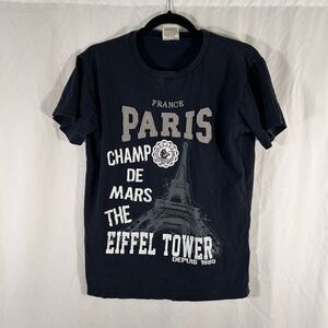 Paris France Shirt Women's XS Blue Graphic Print Vneck Short Sleeve 100% cotton